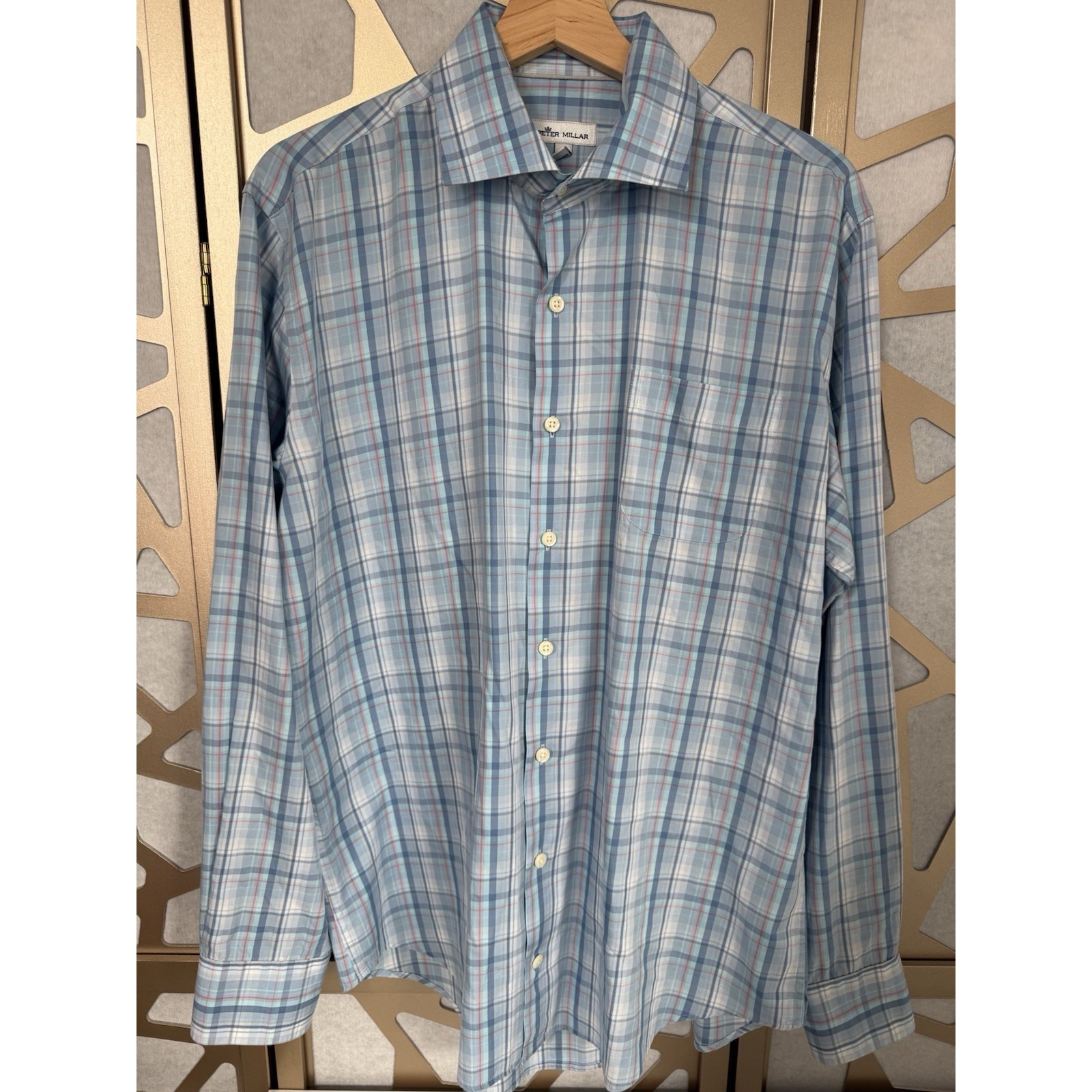 Peter Millar Men Shirt Aqua Blue White Plaid Long Sleeve Button Down Size Large